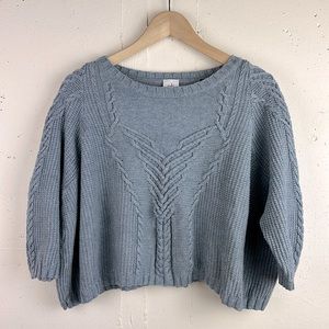 Cabi Cropped Boxy Cable Knit Cotton Blend Sweater